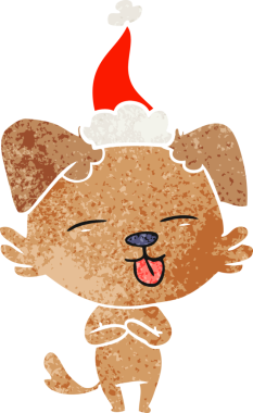 Bir insan tarafından çizilmiş Noel Baba şapkası takan bir köpeğin el çizimi karikatürü.