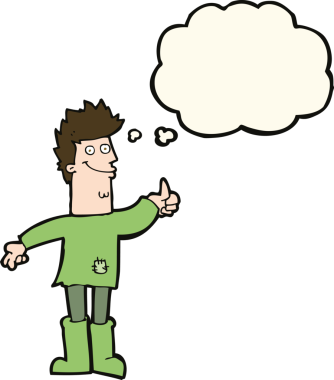 Bir insan tarafından çizilmiş düşünce baloncuğu olan paçavralar içinde pozitif düşünceli bir adam.