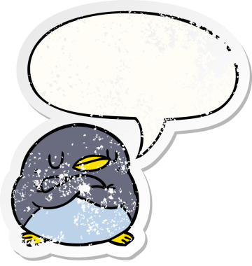 Çizgi film pengueninin kolları çapraz konuşma baloncuğu, bir insan tarafından çizilmiş sıkıntılı eski bir çıkartma.