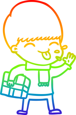 Gökkuşağı gradyan çizgi çizimi bir insan tarafından çizilmiş dili dışarı çıkaran bir çizgi çocuk.