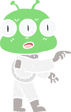 Düz renkli karikatür. Bir insan tarafından çizilmiş üç gözlü uzaylı.