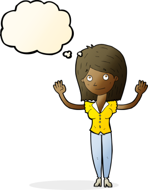 Bir insan tarafından çizilmiş düşünce baloncuğuyla el ele tutuşan çizgi film kadını.