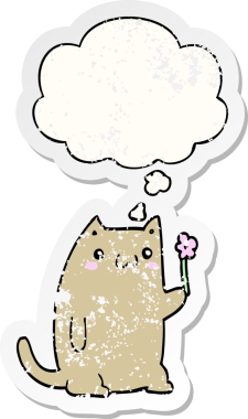 Düşünce baloncuğu olan sevimli çizgi film kedisi bir insan tarafından çizilmiş yıpranmış bir çıkartma gibi