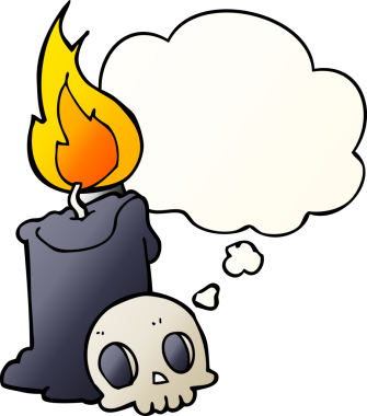 Düşünce baloncuklu kafatası ve mum bir insan tarafından çizilmiş düzgün eğimli bir şekil.