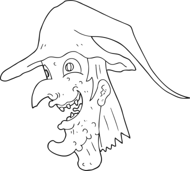 Bir insan tarafından çizilmiş siyah beyaz çizgi film gıdaklayan cadı.