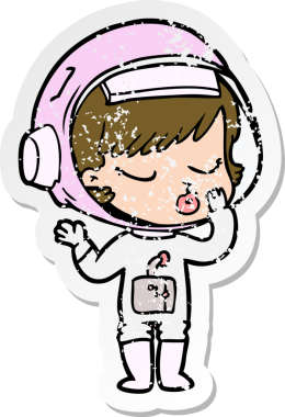 Bir karikatür çıkartması. Bir insan tarafından çizilmiş güzel astronot kız.