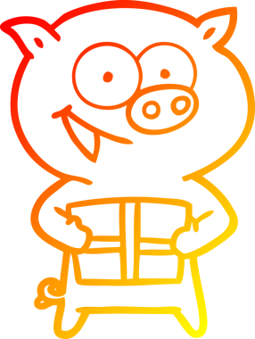 Bir insan tarafından çizilmiş Noel hediyeli neşeli bir domuzun sıcak çizgi çizimi.