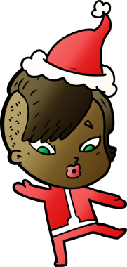 Bir insan tarafından çizilmiş Noel Baba şapkası giymiş, şaşırmış bir kızın el çizimi karikatürü.