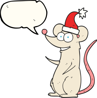 Bir insan tarafından çizilmiş Noel şapkası giyen serbest konuşma balonu çizgi film faresi.