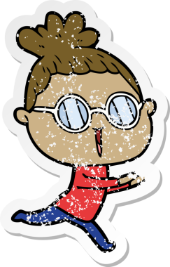 Bir insan tarafından çizilmiş gözlük takan karikatürlü bir kadının sıkıntılı çıkartması.