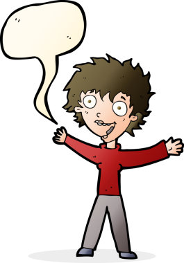 Bir insan tarafından çizilmiş konuşma balonu olan heyecanlı bir karikatür.