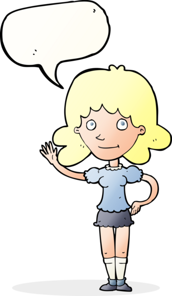 Bir insan tarafından çizilmiş bir konuşma balonuyla el sallayan çizgi film kadını.