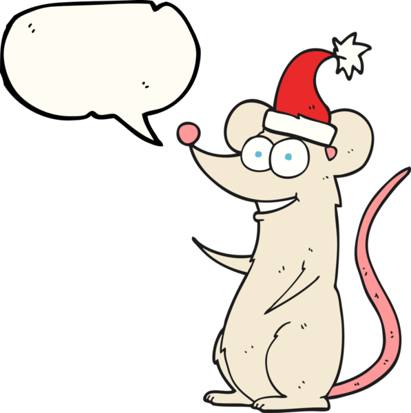 Bir insan tarafından çizilmiş Noel şapkası giyen serbest konuşma balonu çizgi film faresi.