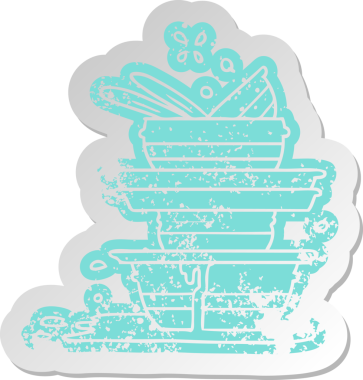 Bir insan tarafından çizilmiş bir yığın kirli tabağın sıkıntılı eski çizgi film etiketi.