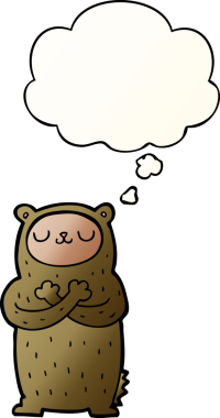 Bir insan tarafından çizilmiş yumuşak eğimli düşünce baloncuklu çizgi film ayısı.