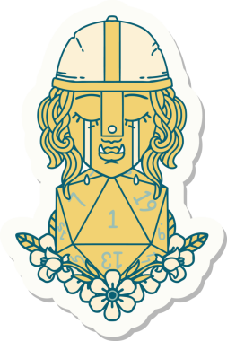 Ağlayan bir Ork savaşçı karakterinin çıkartması. Bir insan tarafından çizilmiş doğal bir D20 rulosu var.