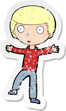 Çizgi filmin gerilimli retro çıkartması bir insan tarafından çizilmiş korkmuş çocuk.