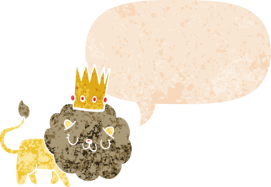 Bir insan tarafından çizilmiş, grunge 'da konuşma baloncuğu olan karikatür aslanı.