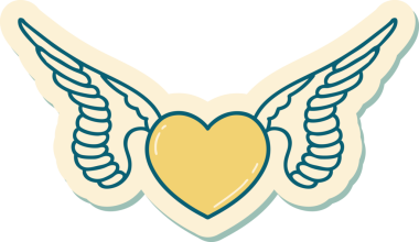 Bir insan tarafından çizilmiş kanatlı bir kalbin geleneksel stiliyle dövme çıkartması.