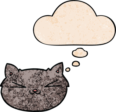 Bir insan tarafından çizilmiş grunge desenli düşünce baloncuklu mutlu çizgi film kedisi.