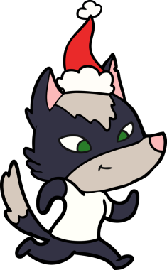 Bir insan tarafından çizilmiş Noel Baba şapkası takan bir kurt çizilmiş.