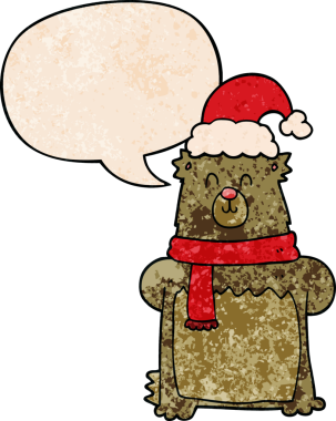 Bir insan tarafından çizilmiş eski moda konuşma baloncuklu Noel şapkası takan çizgi film ayısı.