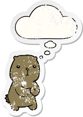 Düşünce baloncuğu olan endişeli bir çizgi film insan tarafından çizilmiş yıpranmış bir çıkartma gibi.