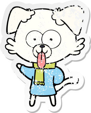 distressed sticker of a cartoon dog in winter clothes drawn by a human