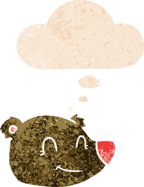cartoon happy bear face with thought bubble in grunge distressed retro textured style drawn by a human