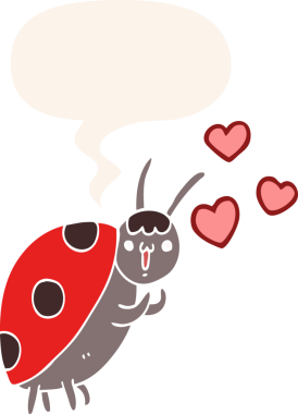 cute cartoon ladybug in love with speech bubble in retro style drawn by a human