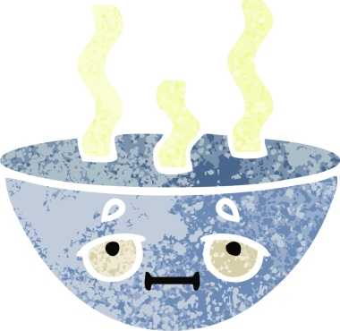 Bir insan tarafından çizilmiş sıcak bir çorba kasesinin retro çizim tarzı karikatürü.