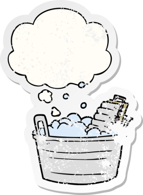 cartoon old washboard and bucket with thought bubble as a distressed worn sticker drawn by a human