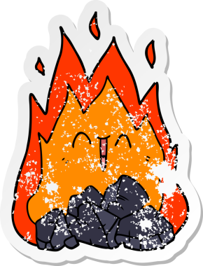 distressed sticker of a cartoon blazing coal fire drawn by a human