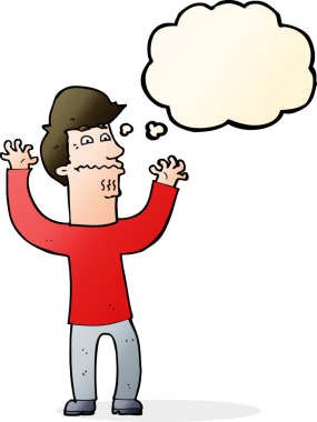 Bir insan tarafından çizilmiş düşünce baloncuğu olan sinirli bir adam.