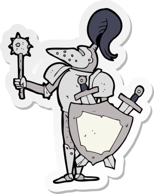 sticker of a cartoon medieval knight with shield drawn by a human