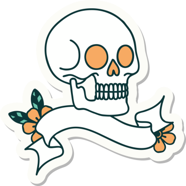 Bir insan tarafından çizilmiş kafatasının pankartıyla dövme stili etiketi