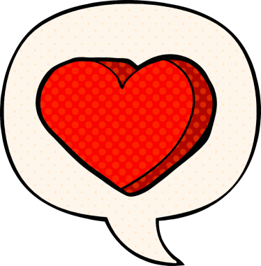 Çizgi roman tarzında bir insan tarafından çizilmiş, konuşma baloncuklu karikatür kalbi.