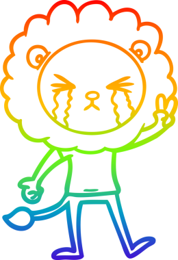 rainbow gradient line drawing of a cartoon crying lion giving peace sign drawn by a human