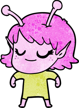 Bir insan tarafından çizilmiş gülümseyen uzaylı kız çizgi filmi.