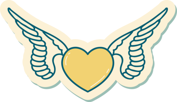 Bir insan tarafından çizilmiş kanatlı bir kalbin geleneksel stiliyle dövme çıkartması.