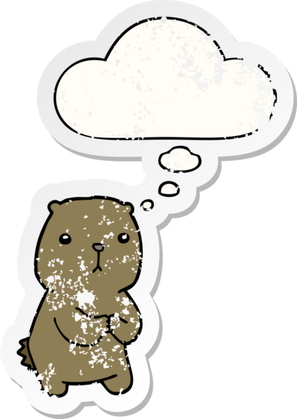 Düşünce baloncuğu olan endişeli bir çizgi film insan tarafından çizilmiş yıpranmış bir çıkartma gibi.