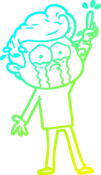 cold gradient line drawing of a cartoon crying man trying to ask a question drawn by a human