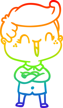 rainbow gradient line drawing of a cartoon laughing boy crossing arms drawn by a human