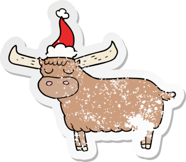 Bir insan tarafından çizilmiş Noel Baba şapkası giymiş bir boğanın çizilmiş el yazısı.