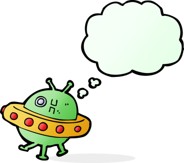 Bir insan tarafından çizilmiş düşünce baloncuklu UFO çizgi filmi.