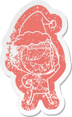 quirky cartoon distressed sticker of a astronaut woman wearing santa hat drawn by a human