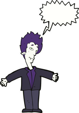 Bir insan tarafından çizilmiş konuşma balonlu mutlu vampir çizgi filmi.