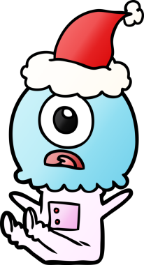 Bir insan tarafından çizilmiş Noel Baba şapkası giyen bir Tepegöz 'ün el çizimi çizgi filmi.