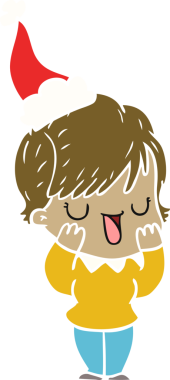 hand drawn flat color illustration of a woman talking wearing santa hat drawn by a human