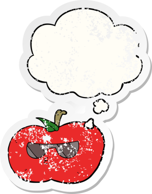 cartoon cool apple with thought bubble as a distressed worn sticker drawn by a human
